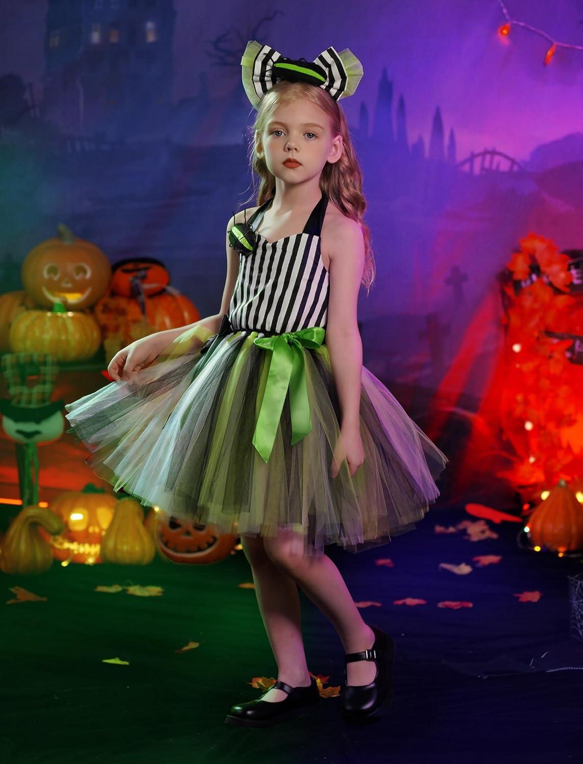 imageIDOPIP Kids Girls Halloween Costume Black and White Striped Costume Suit Clown Tutu Dress Headband Outfits for Photo ShootBlack  White