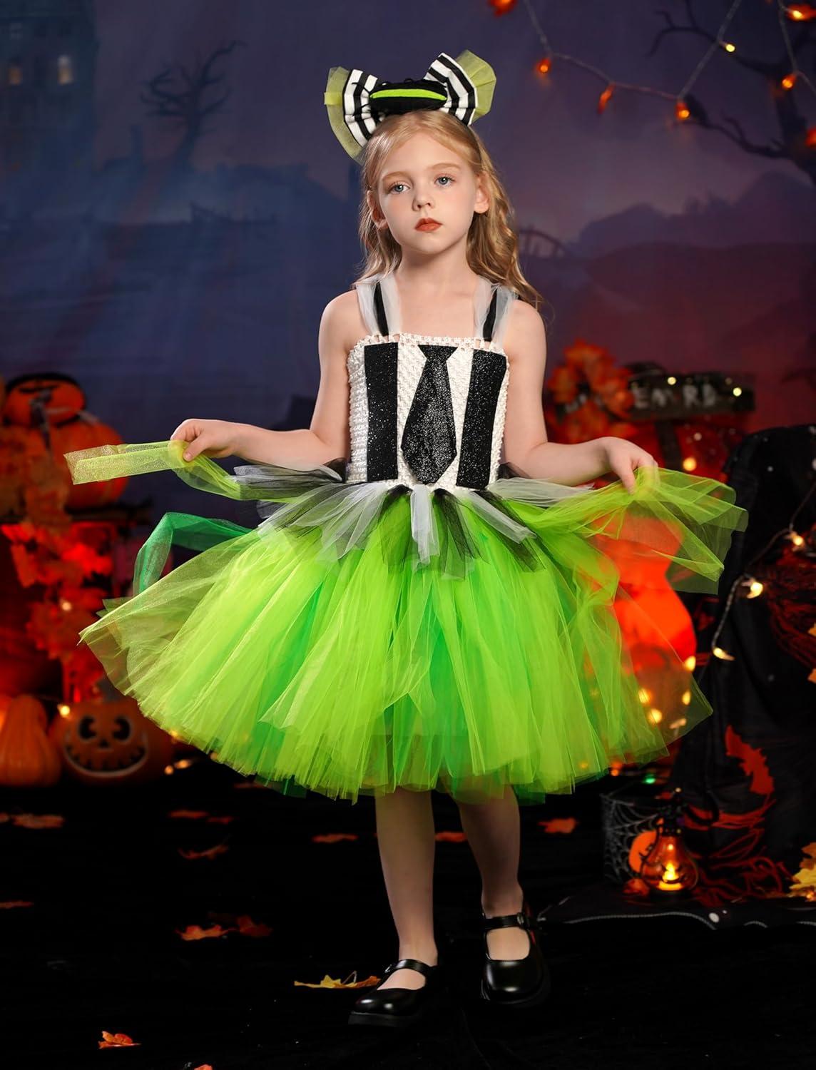 imageIDOPIP Kids Girls Halloween Costume Black and White Striped Costume Suit Clown Tutu Dress Headband Outfits for Photo ShootGreen