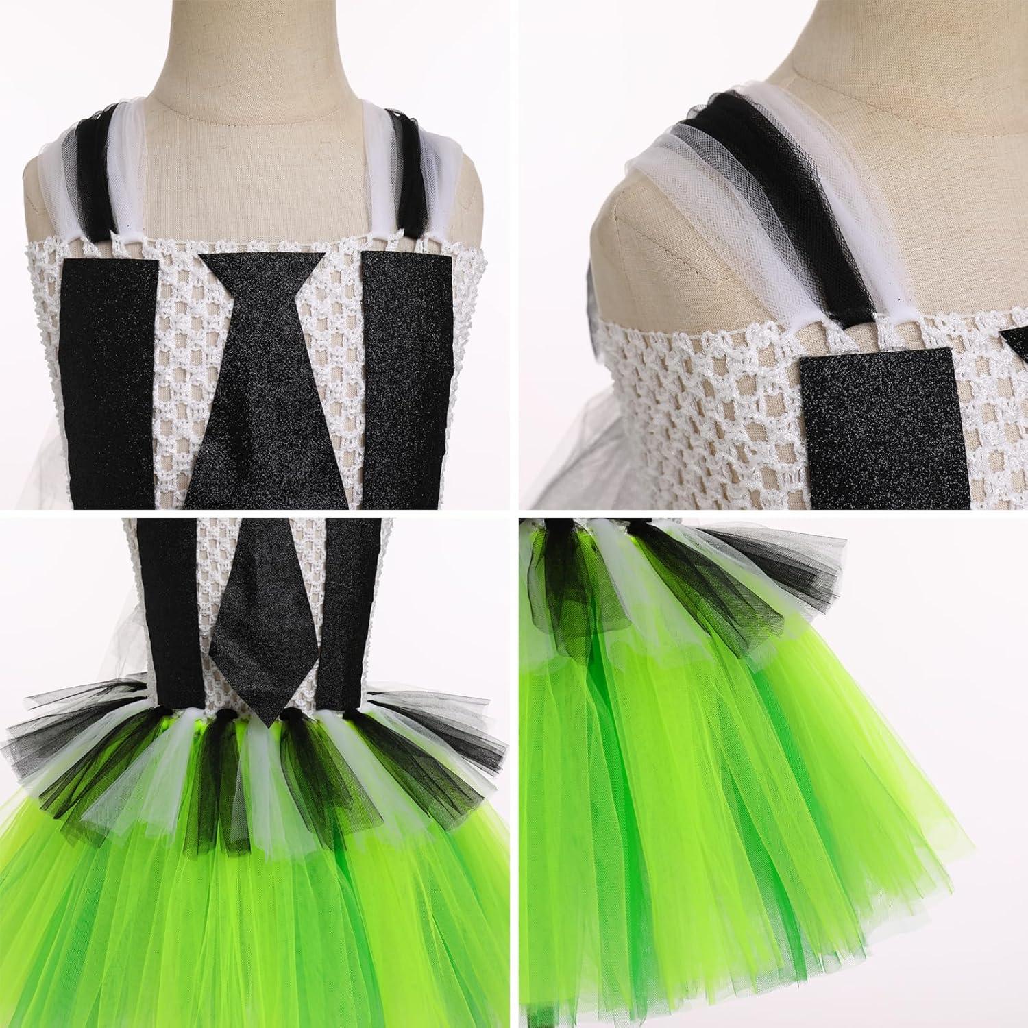 imageIDOPIP Kids Girls Halloween Costume Black and White Striped Costume Suit Clown Tutu Dress Headband Outfits for Photo ShootGreen