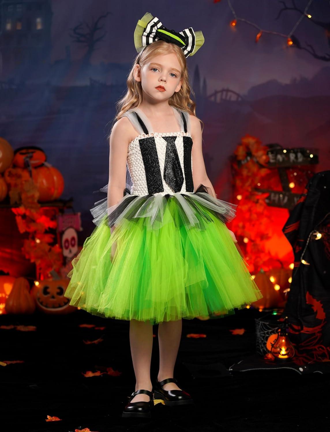 imageIDOPIP Kids Girls Halloween Costume Black and White Striped Costume Suit Clown Tutu Dress Headband Outfits for Photo ShootGreen