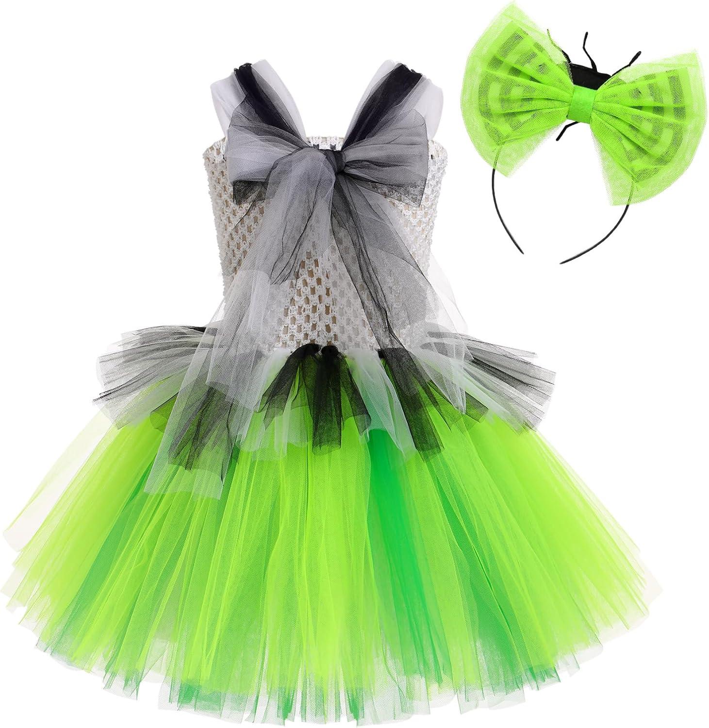 imageIDOPIP Kids Girls Halloween Costume Black and White Striped Costume Suit Clown Tutu Dress Headband Outfits for Photo ShootGreen