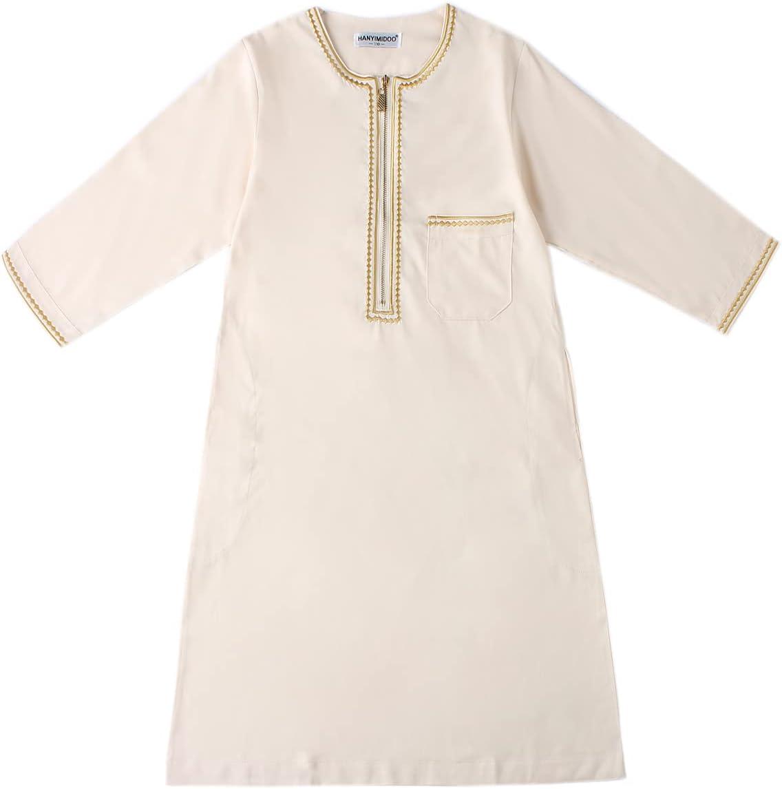 imageIDOPIP Muslim Boys Thobe for Kids Islamic Arabic Middle East Loose Kaftan Robes Long Zipper Prayer Thobes Dress with PocketsBeige  Zipper