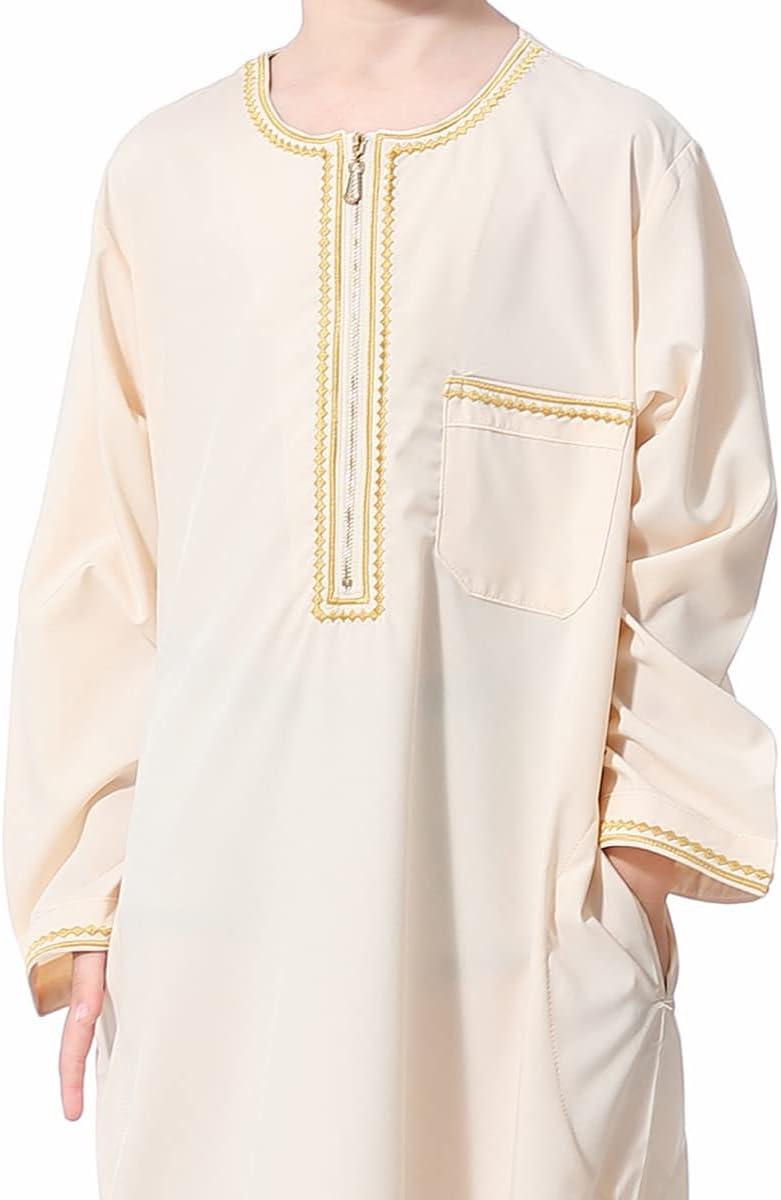 imageIDOPIP Muslim Boys Thobe for Kids Islamic Arabic Middle East Loose Kaftan Robes Long Zipper Prayer Thobes Dress with PocketsBeige  Zipper