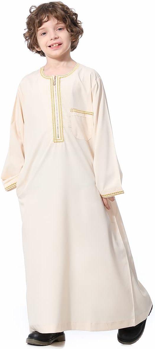 imageIDOPIP Muslim Boys Thobe for Kids Islamic Arabic Middle East Loose Kaftan Robes Long Zipper Prayer Thobes Dress with PocketsBeige  Zipper