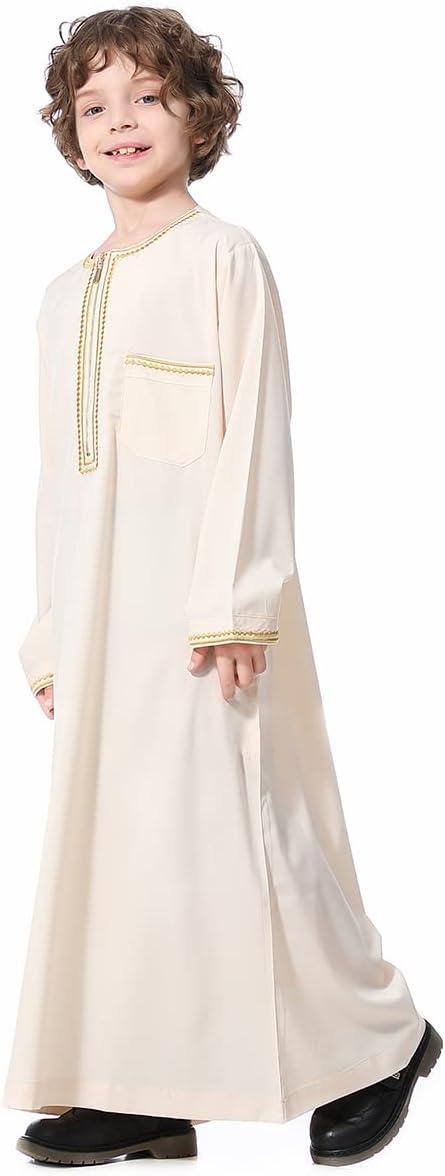 imageIDOPIP Muslim Boys Thobe for Kids Islamic Arabic Middle East Loose Kaftan Robes Long Zipper Prayer Thobes Dress with PocketsBeige  Zipper