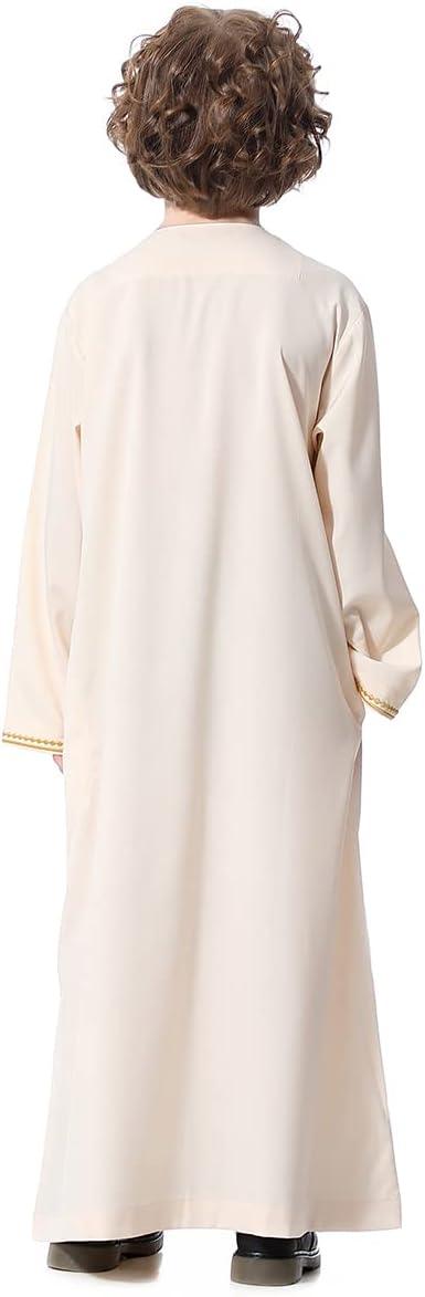 imageIDOPIP Muslim Boys Thobe for Kids Islamic Arabic Middle East Loose Kaftan Robes Long Zipper Prayer Thobes Dress with PocketsBeige  Zipper