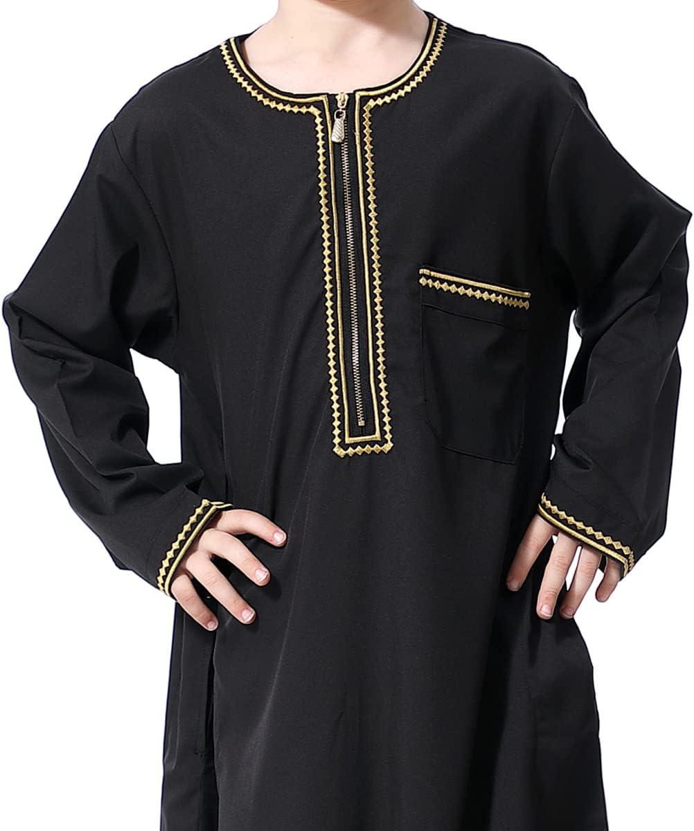 imageIDOPIP Muslim Boys Thobe for Kids Islamic Arabic Middle East Loose Kaftan Robes Long Zipper Prayer Thobes Dress with PocketsBlack  Zipper
