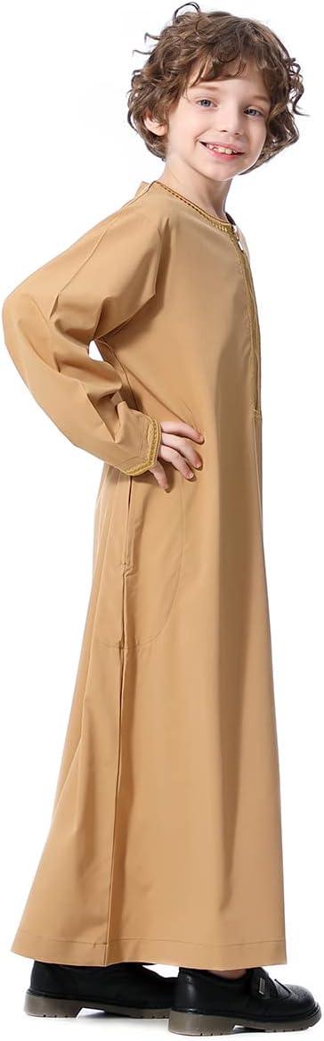 imageIDOPIP Muslim Boys Thobe for Kids Islamic Arabic Middle East Loose Kaftan Robes Long Zipper Prayer Thobes Dress with PocketsCamel  Zipper