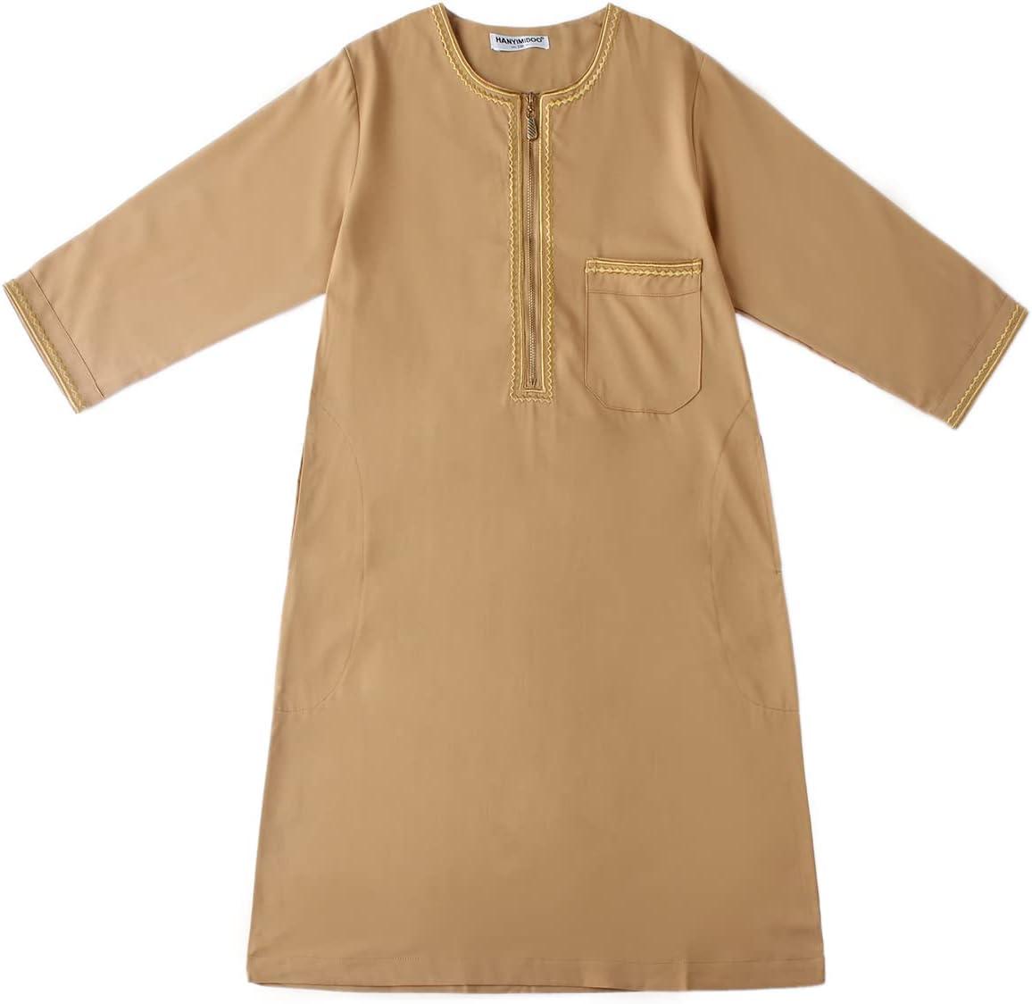 imageIDOPIP Muslim Boys Thobe for Kids Islamic Arabic Middle East Loose Kaftan Robes Long Zipper Prayer Thobes Dress with PocketsCamel  Zipper