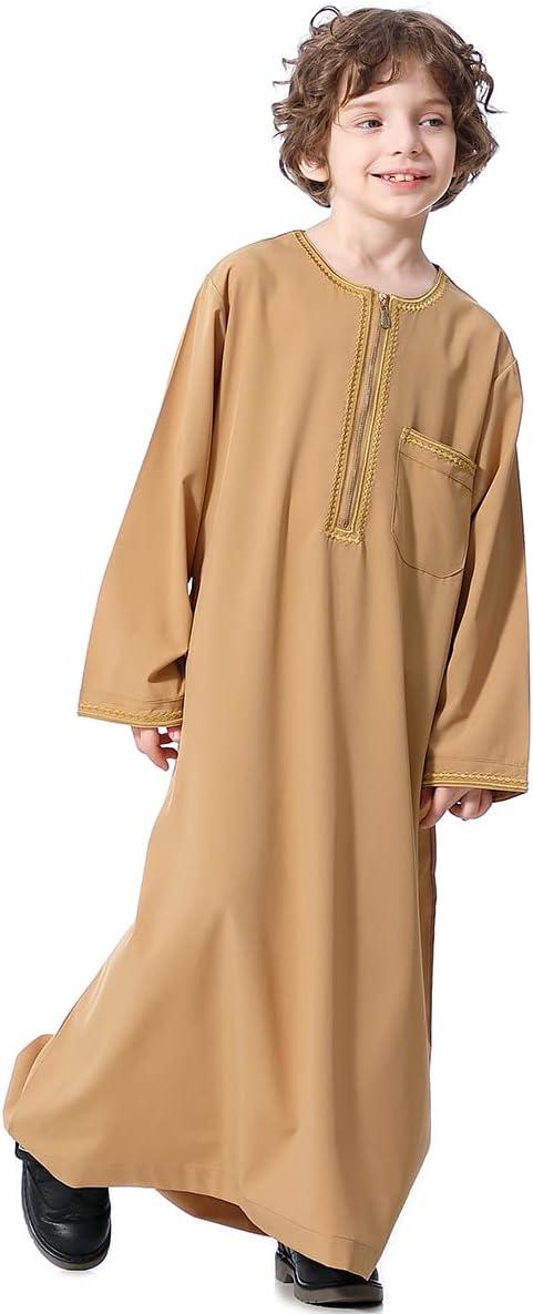 imageIDOPIP Muslim Boys Thobe for Kids Islamic Arabic Middle East Loose Kaftan Robes Long Zipper Prayer Thobes Dress with PocketsCamel  Zipper