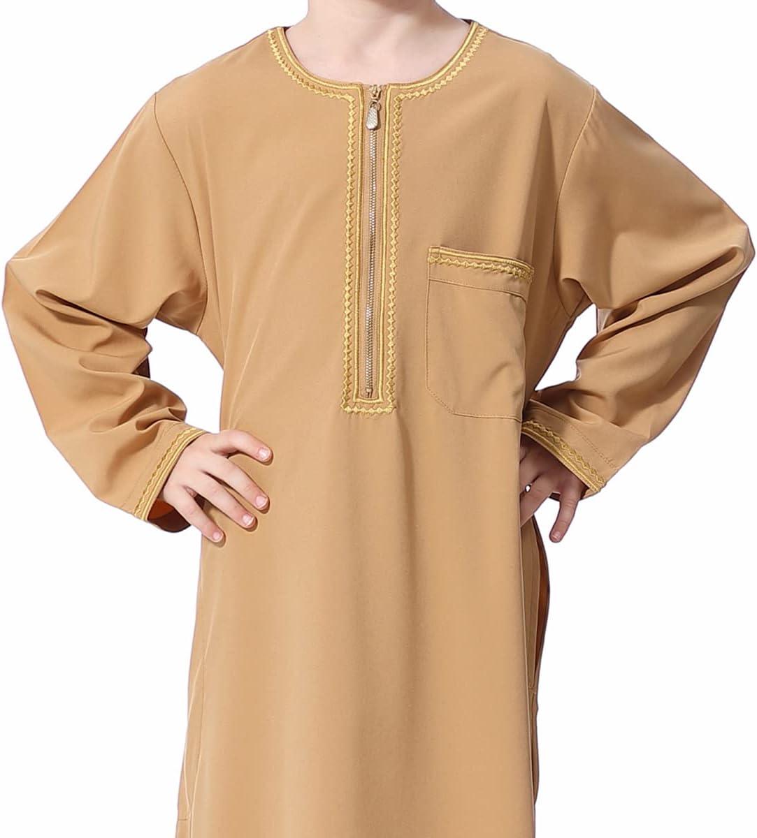 imageIDOPIP Muslim Boys Thobe for Kids Islamic Arabic Middle East Loose Kaftan Robes Long Zipper Prayer Thobes Dress with PocketsCamel  Zipper