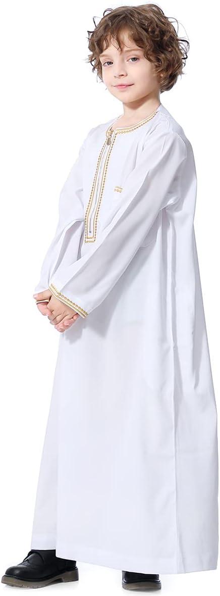 imageIDOPIP Muslim Boys Thobe for Kids Islamic Arabic Middle East Loose Kaftan Robes Long Zipper Prayer Thobes Dress with PocketsWhite  Zipper