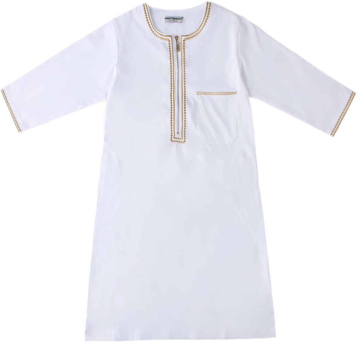 imageIDOPIP Muslim Boys Thobe for Kids Islamic Arabic Middle East Loose Kaftan Robes Long Zipper Prayer Thobes Dress with PocketsWhite  Zipper