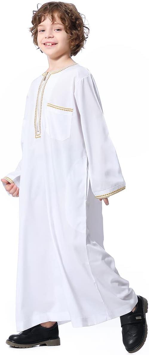 imageIDOPIP Muslim Boys Thobe for Kids Islamic Arabic Middle East Loose Kaftan Robes Long Zipper Prayer Thobes Dress with PocketsWhite  Zipper