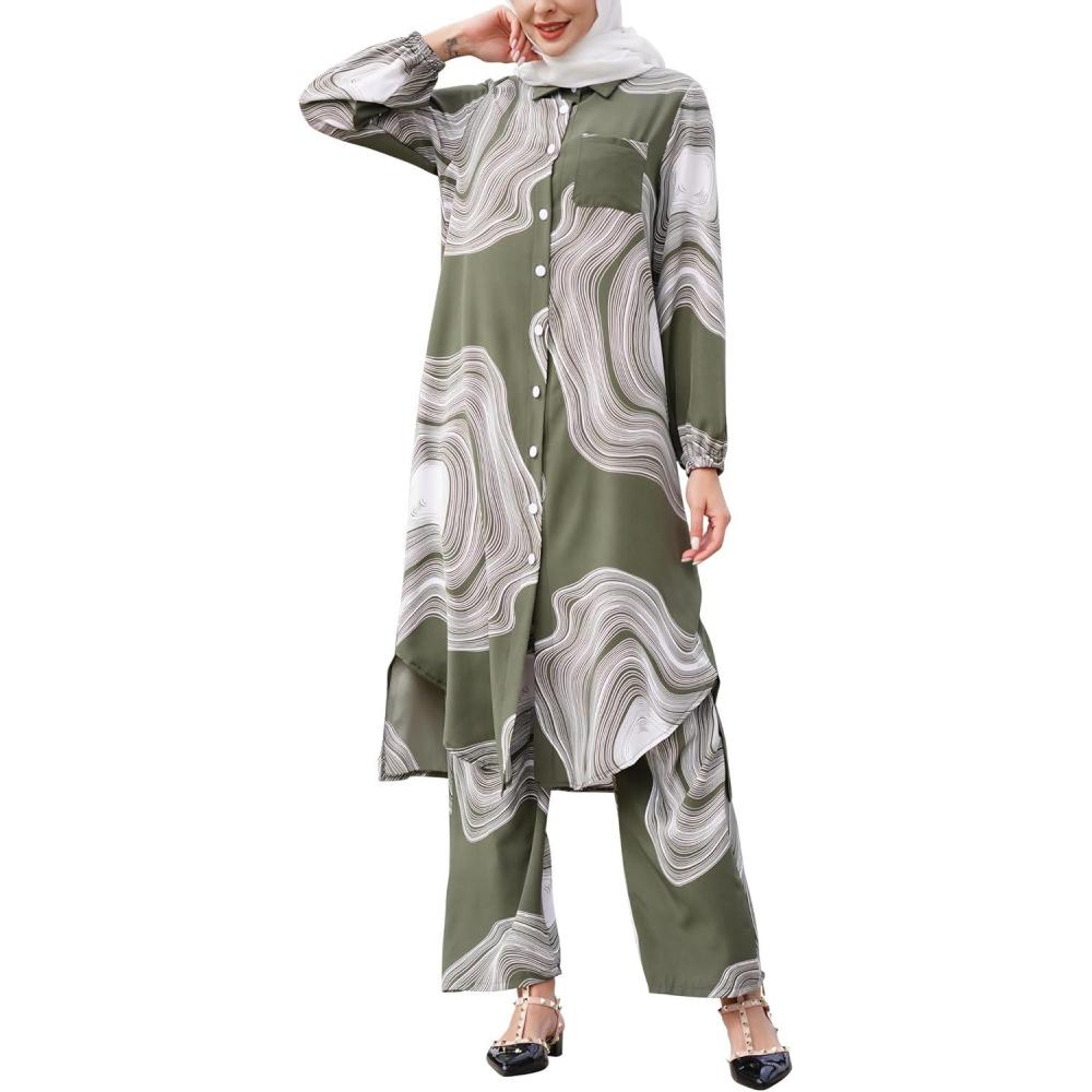 imageIDOPIP Abaya Dress for Women Muslim Set Long Sleeve Chiffon Islamic Dress Shirt with Pants 2PCS Dubai Prayer Casual ClothesGreen Print