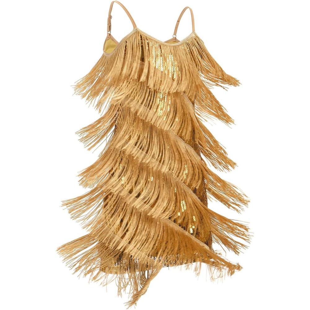 imageIDOPIP Kids Girls 1920s Flapper Dress Tassels Sequins Fringe Latin Dance Dress Gatsby Halloween Party Ballroom Dance CostumesGold