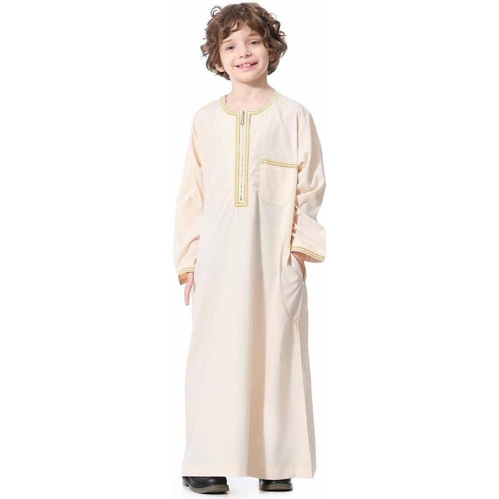 imageIDOPIP Muslim Boys Thobe for Kids Islamic Arabic Middle East Loose Kaftan Robes Long Zipper Prayer Thobes Dress with PocketsBeige  Zipper