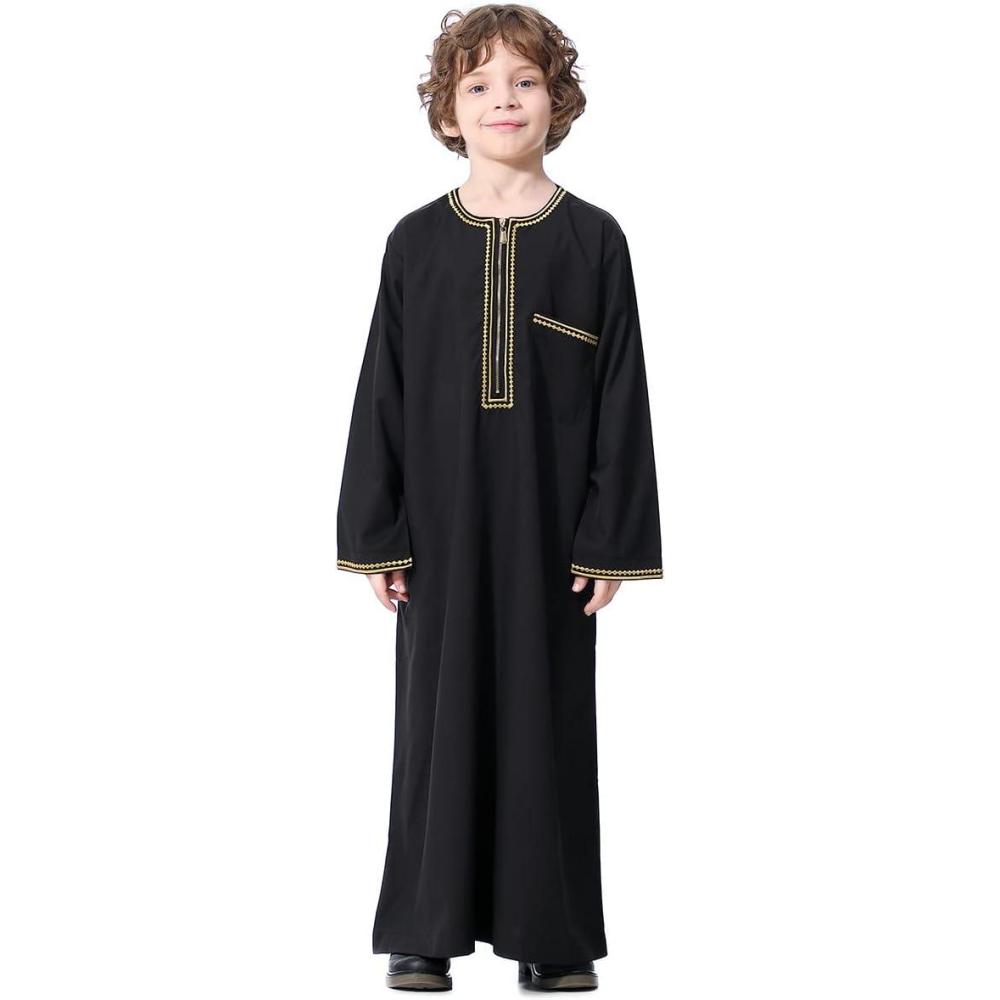 imageIDOPIP Muslim Boys Thobe for Kids Islamic Arabic Middle East Loose Kaftan Robes Long Zipper Prayer Thobes Dress with PocketsBlack  Zipper