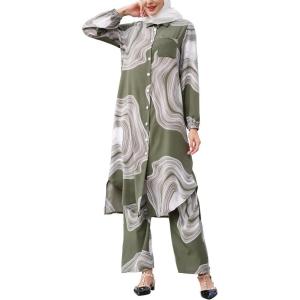 imageIDOPIP Abaya Dress for Women Muslim Set Long Sleeve Chiffon Islamic Dress Shirt with Pants 2PCS Dubai Prayer Casual ClothesGreen Print
