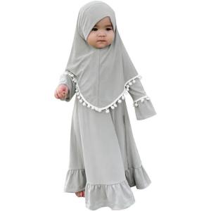 imageIDOPIP Baby Girls Muslim Abayas Dress with Hijab 2PCS Prayer Clothes for Toddler Kids Girl Ramadan Dresses Islamic Dubai RobeGray