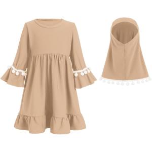imageIDOPIP Baby Girls Muslim Abayas Dress with Hijab 2PCS Prayer Clothes for Toddler Kids Girl Ramadan Dresses Islamic Dubai RobeKhaki