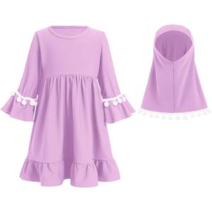 imageIDOPIP Baby Girls Muslim Abayas Dress with Hijab 2PCS Prayer Clothes for Toddler Kids Girl Ramadan Dresses Islamic Dubai RobePurple