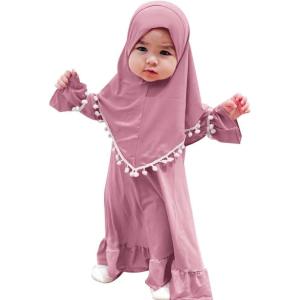 imageIDOPIP Baby Girls Muslim Abayas Dress with Hijab 2PCS Prayer Clothes for Toddler Kids Girl Ramadan Dresses Islamic Dubai RobePurple Pink