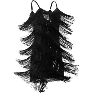 imageIDOPIP Kids Girls 1920s Flapper Dress Tassels Sequins Fringe Latin Dance Dress Gatsby Halloween Party Ballroom Dance CostumesBlack