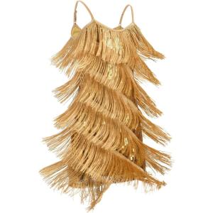 imageIDOPIP Kids Girls 1920s Flapper Dress Tassels Sequins Fringe Latin Dance Dress Gatsby Halloween Party Ballroom Dance CostumesGold