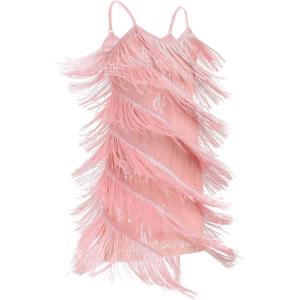 imageIDOPIP Kids Girls 1920s Flapper Dress Tassels Sequins Fringe Latin Dance Dress Gatsby Halloween Party Ballroom Dance CostumesPink
