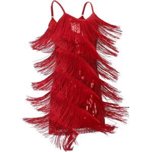 imageIDOPIP Kids Girls 1920s Flapper Dress Tassels Sequins Fringe Latin Dance Dress Gatsby Halloween Party Ballroom Dance CostumesRed