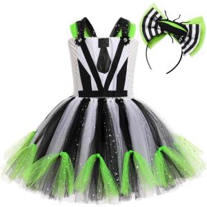 imageIDOPIP Kids Girls Halloween Costume Black and White Striped Costume Suit Clown Tutu Dress Headband Outfits for Photo ShootBlack  Green