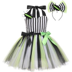 imageIDOPIP Kids Girls Halloween Costume Black and White Striped Costume Suit Clown Tutu Dress Headband Outfits for Photo ShootBlack  White