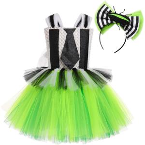imageIDOPIP Kids Girls Halloween Costume Black and White Striped Costume Suit Clown Tutu Dress Headband Outfits for Photo ShootGreen