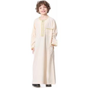 imageIDOPIP Muslim Boys Thobe for Kids Islamic Arabic Middle East Loose Kaftan Robes Long Zipper Prayer Thobes Dress with PocketsBeige  Zipper