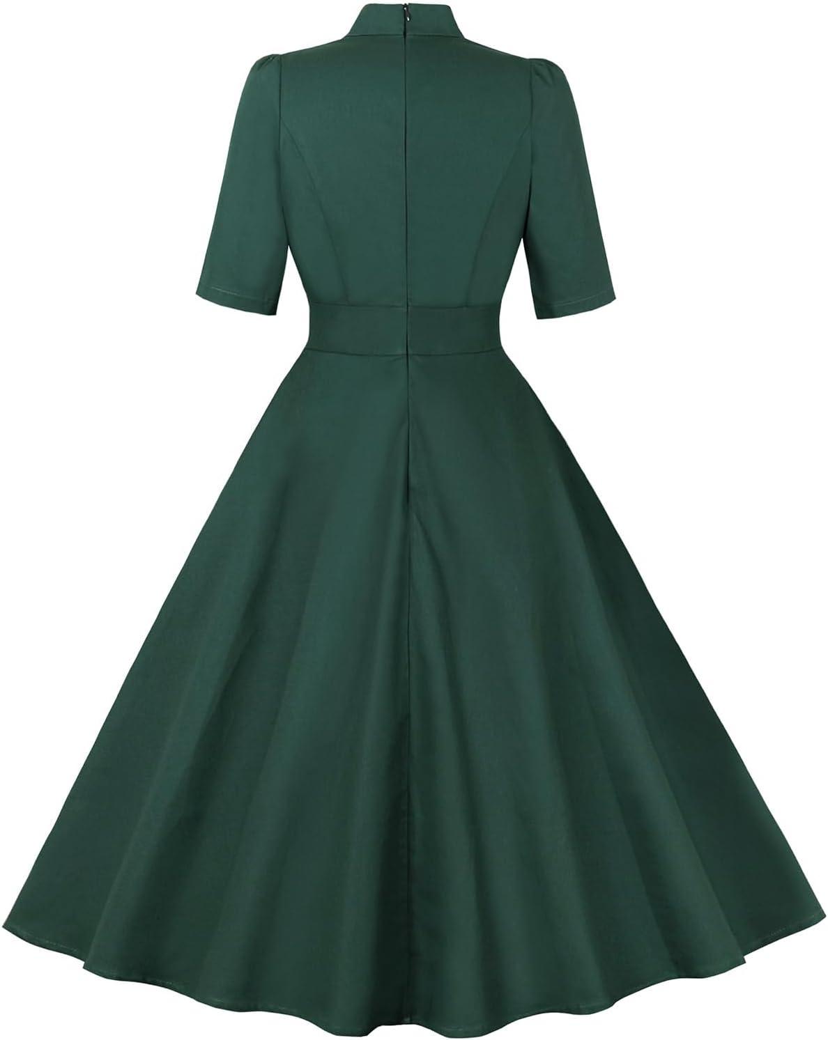 imageIDOPIP 1950s Women Vintage Swing Dress Elegant Tie Neck Cocktail Midi Dress ALine Formal Wedding Evening Party Retro DressGreen