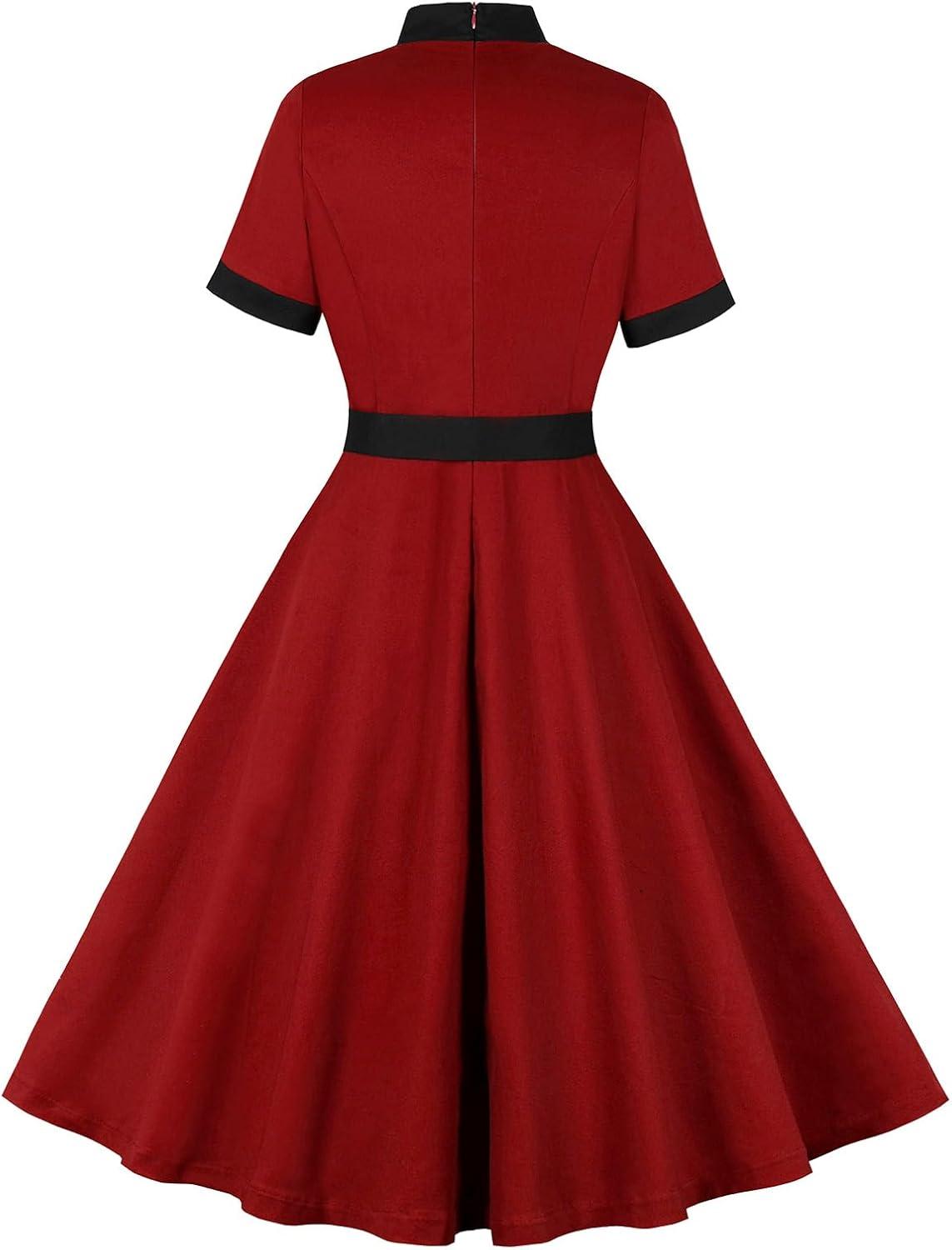 imageIDOPIP 1950s Women Vintage Swing Dress Elegant Tie Neck Cocktail Midi Dress ALine Formal Wedding Evening Party Retro DressWine Red