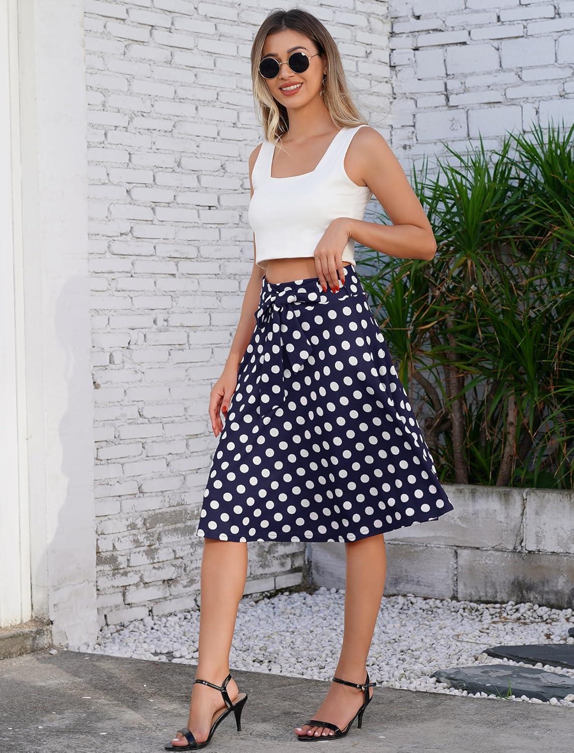 imageIDOPIP Women 50s Vintage Polka Dot Skirt High Waist ALine Floral Swing Skirt Summer Elegant Cocktail Flowy Boho Belted SkirtBlue
