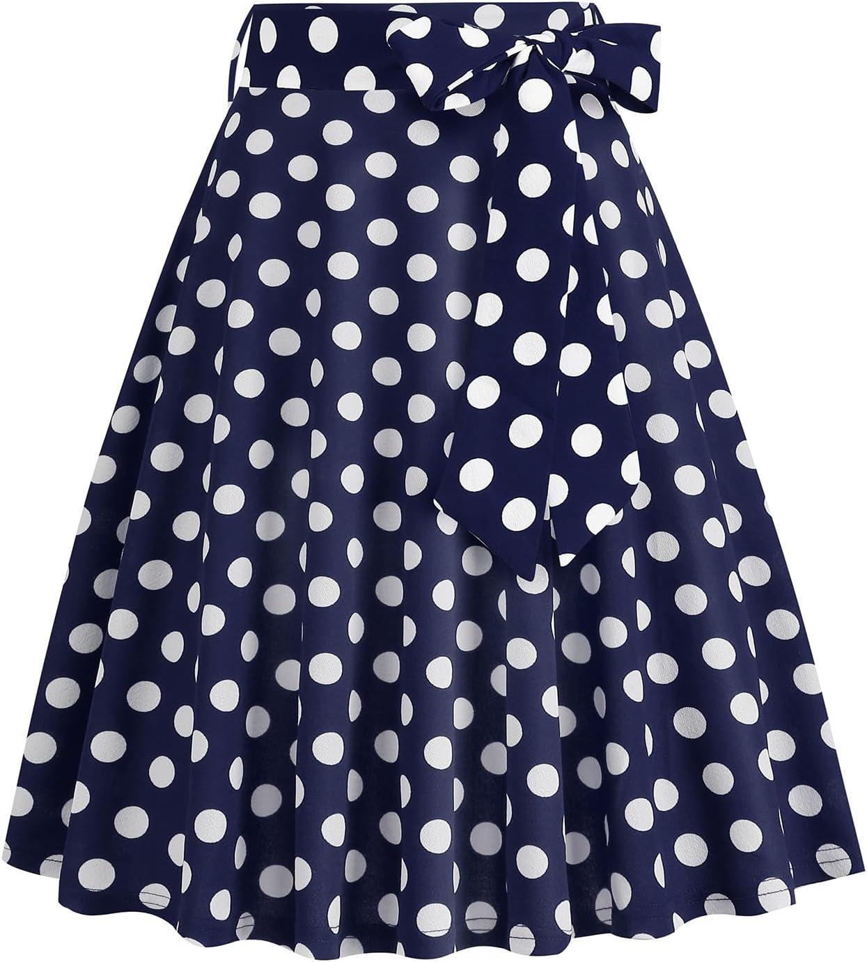 imageIDOPIP Women 50s Vintage Polka Dot Skirt High Waist ALine Floral Swing Skirt Summer Elegant Cocktail Flowy Boho Belted SkirtBlue