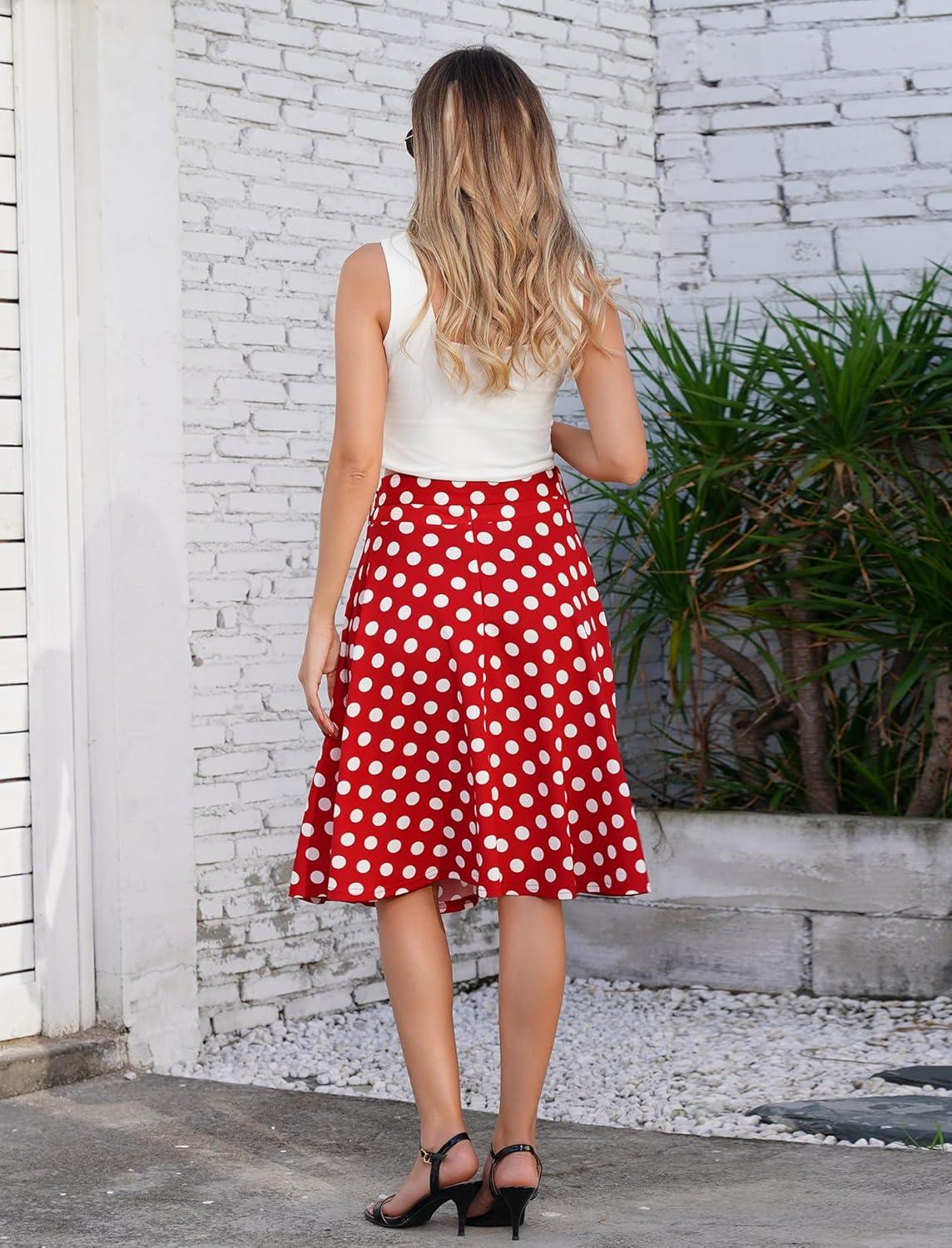 imageIDOPIP Women 50s Vintage Polka Dot Skirt High Waist ALine Floral Swing Skirt Summer Elegant Cocktail Flowy Boho Belted SkirtRedpolka Dot
