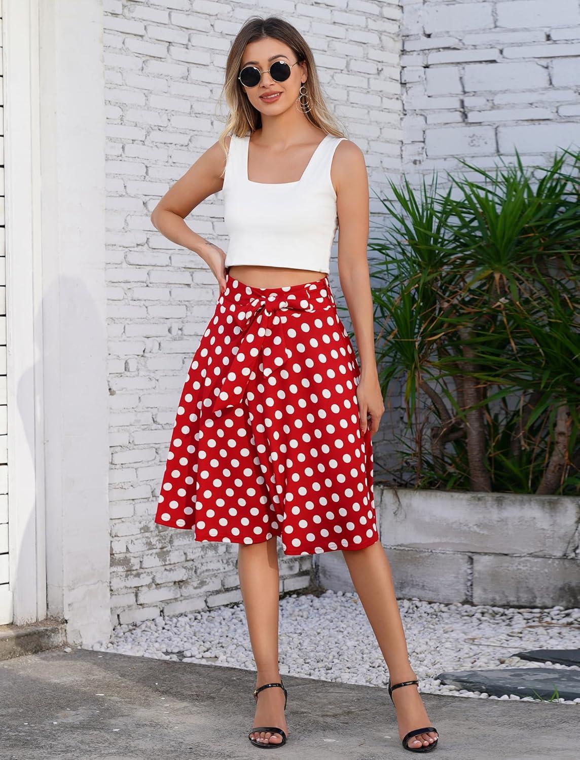 imageIDOPIP Women 50s Vintage Polka Dot Skirt High Waist ALine Floral Swing Skirt Summer Elegant Cocktail Flowy Boho Belted SkirtRedpolka Dot