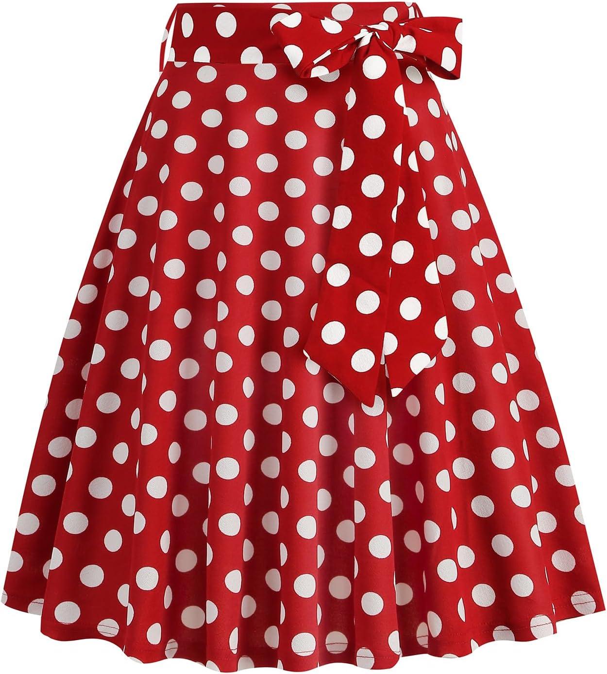 imageIDOPIP Women 50s Vintage Polka Dot Skirt High Waist ALine Floral Swing Skirt Summer Elegant Cocktail Flowy Boho Belted SkirtRedpolka Dot