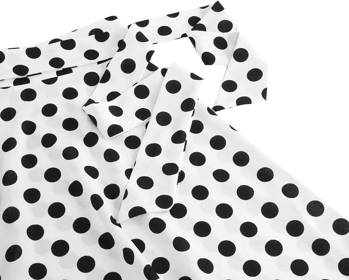 imageIDOPIP Women 50s Vintage Polka Dot Skirt High Waist ALine Floral Swing Skirt Summer Elegant Cocktail Flowy Boho Belted SkirtWhitepolka Dot