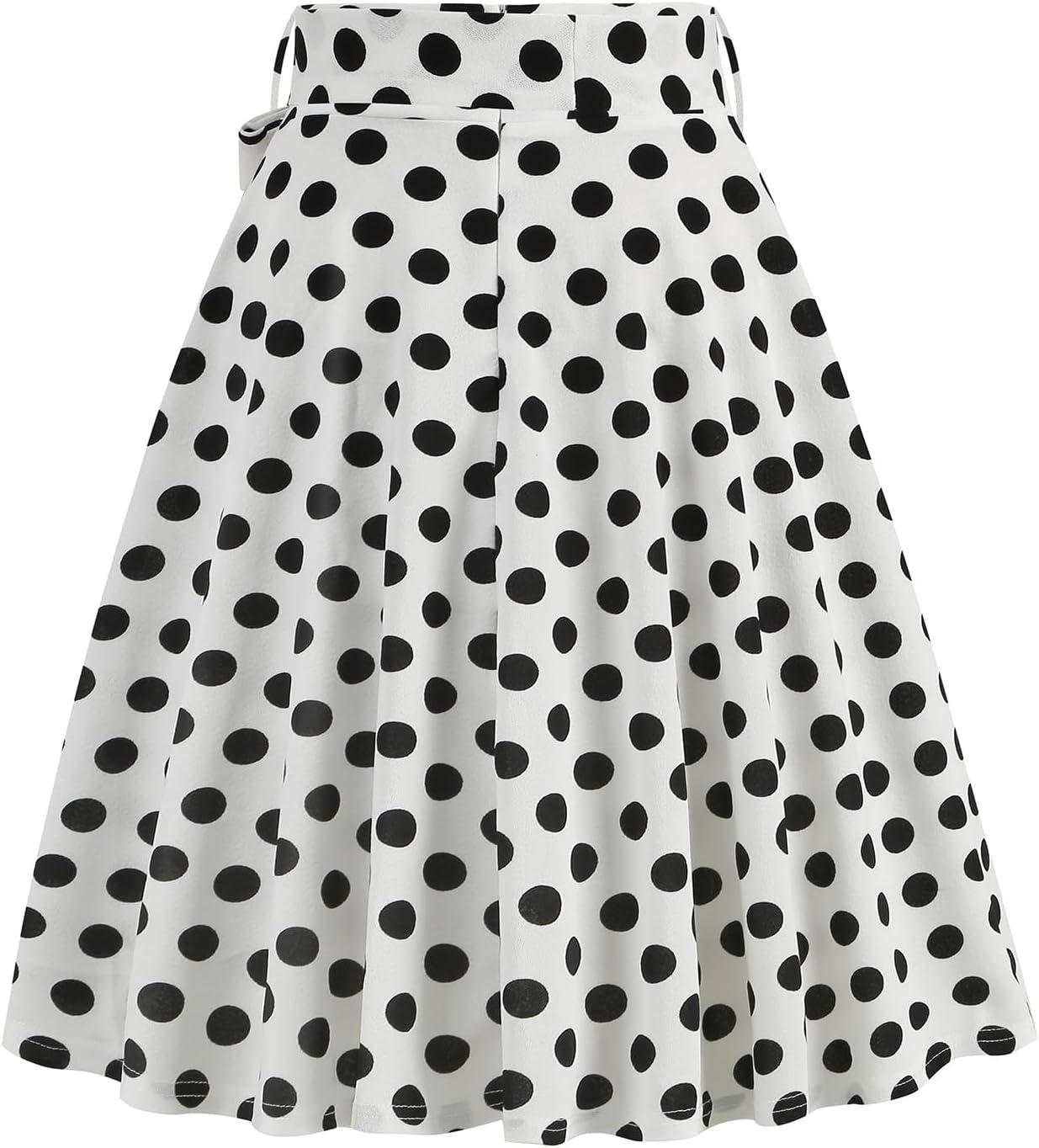 imageIDOPIP Women 50s Vintage Polka Dot Skirt High Waist ALine Floral Swing Skirt Summer Elegant Cocktail Flowy Boho Belted SkirtWhitepolka Dot