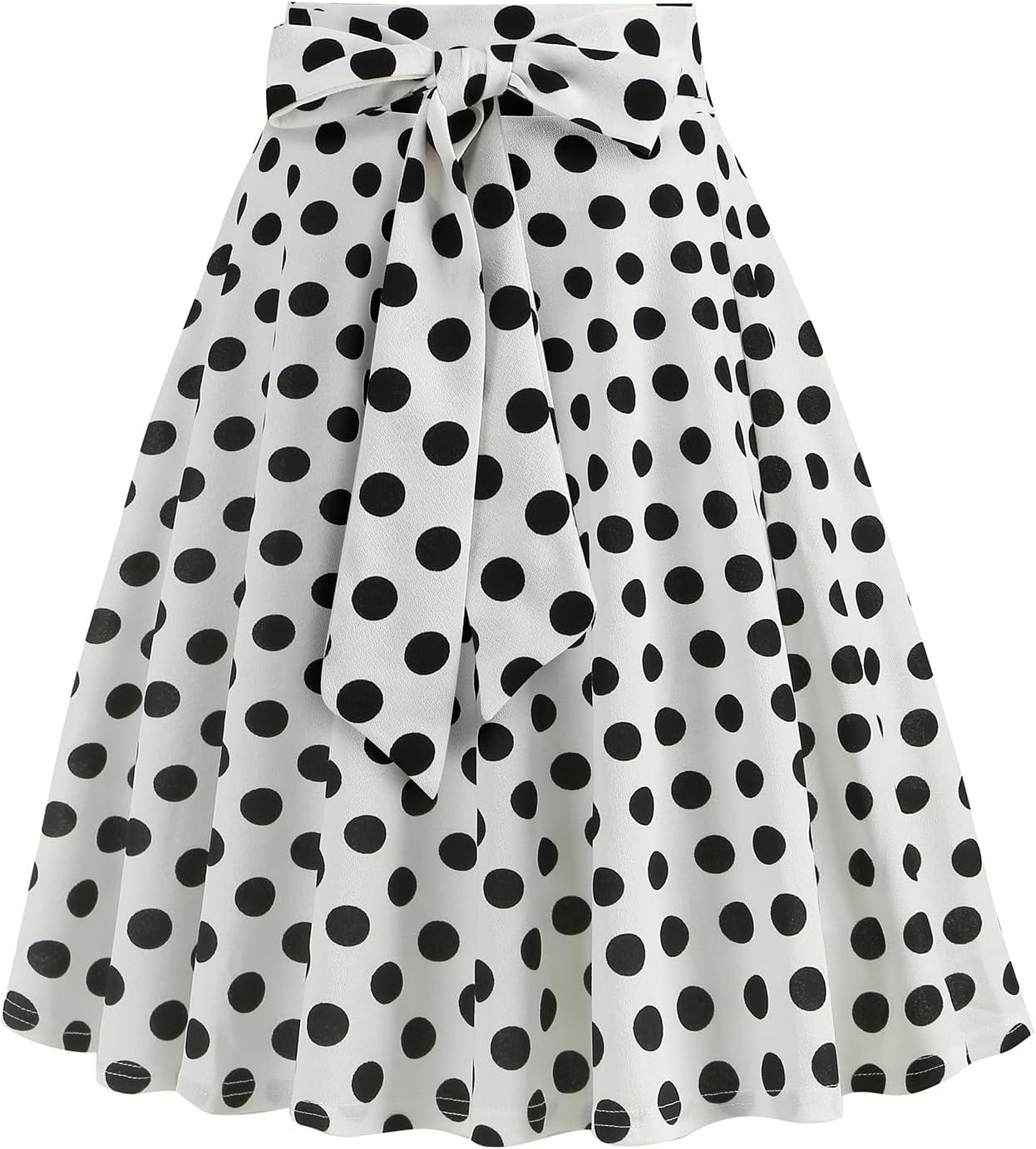 imageIDOPIP Women 50s Vintage Polka Dot Skirt High Waist ALine Floral Swing Skirt Summer Elegant Cocktail Flowy Boho Belted SkirtWhitepolka Dot