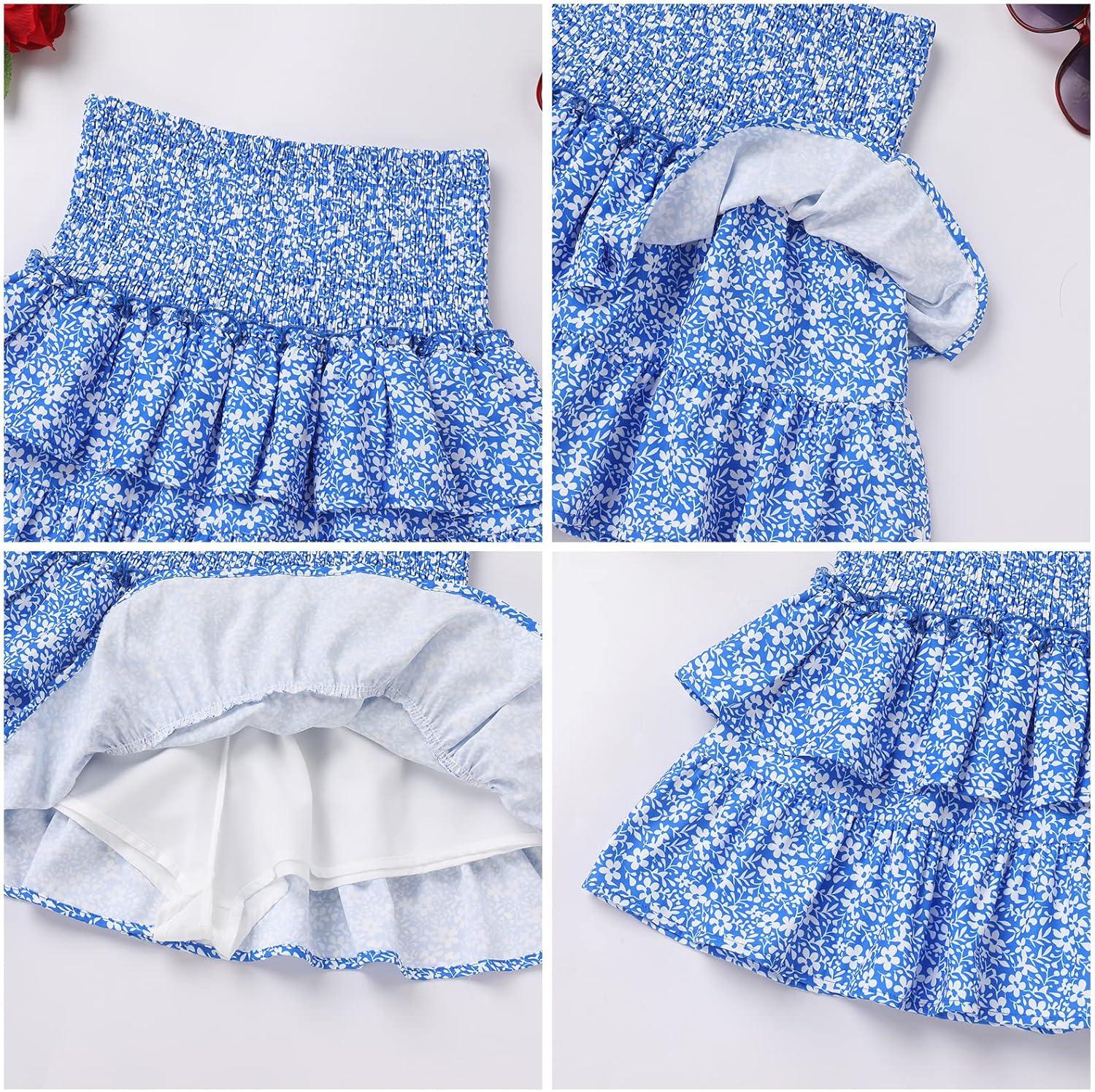imageIDOPIP Women Boho Mini Skirt Summer High Waist Floral Layered Skirt Casual Ruffle Smocked Skirt Club Party Evening SkirtBluefloral Print