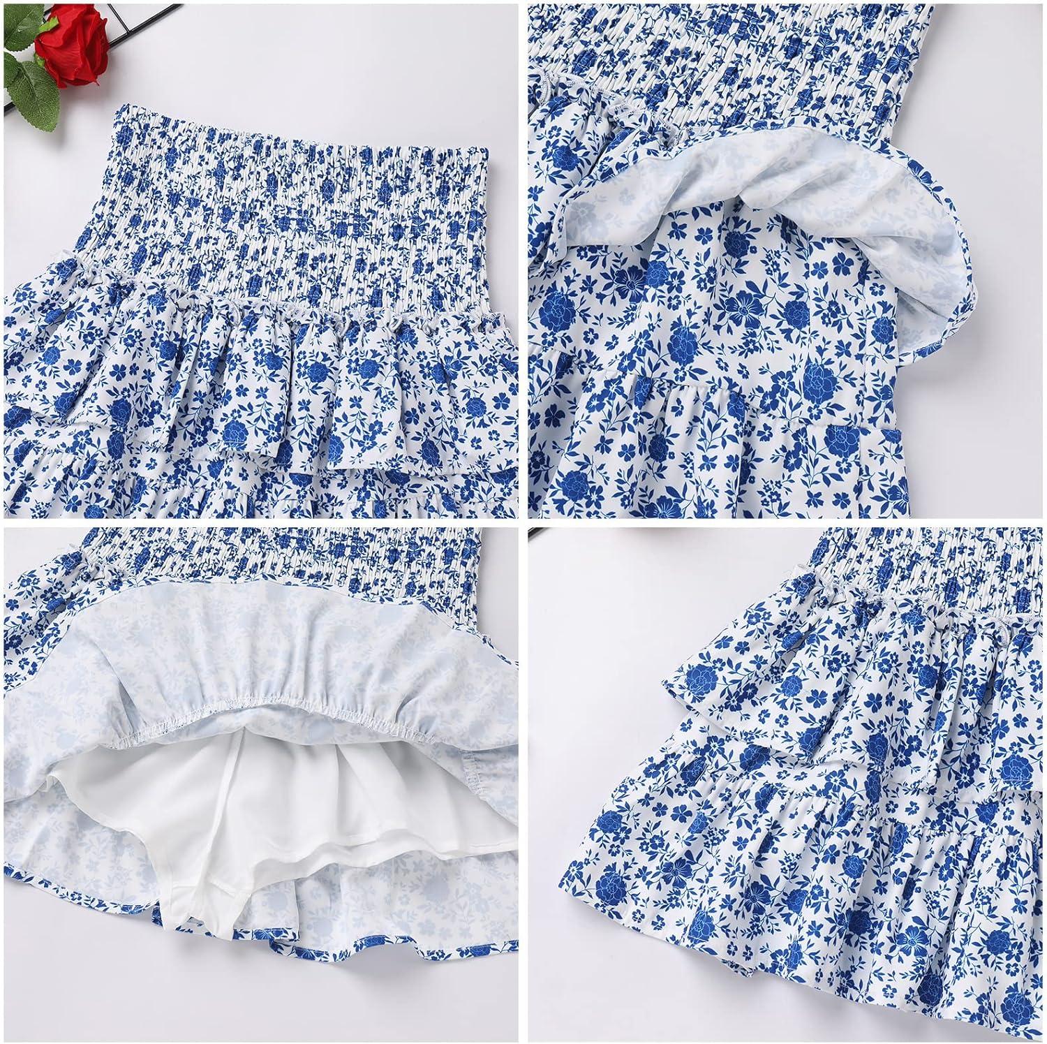 imageIDOPIP Women Boho Mini Skirt Summer High Waist Floral Layered Skirt Casual Ruffle Smocked Skirt Club Party Evening SkirtDark Blue