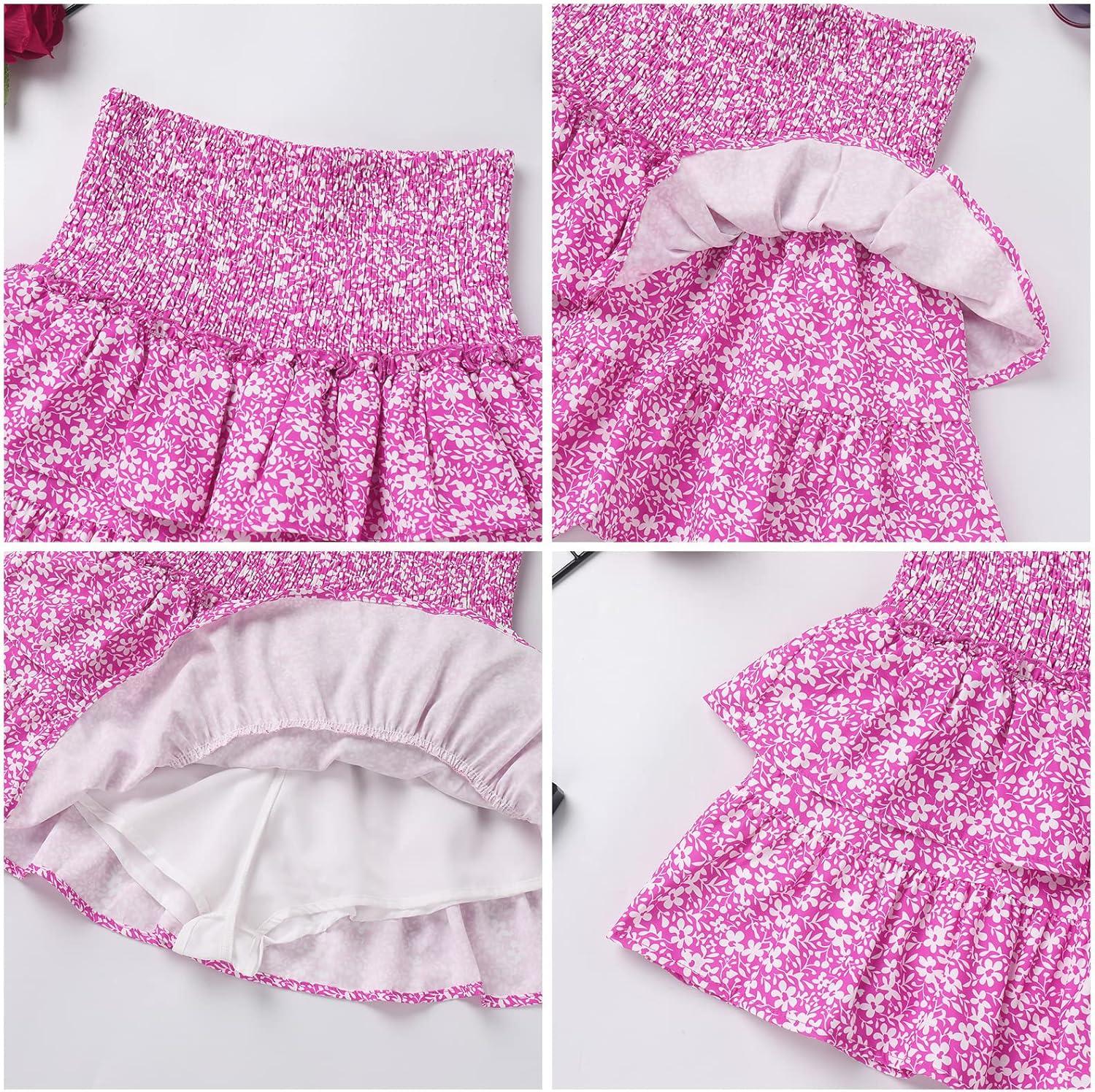 imageIDOPIP Women Boho Mini Skirt Summer High Waist Floral Layered Skirt Casual Ruffle Smocked Skirt Club Party Evening SkirtPinkfloral Print
