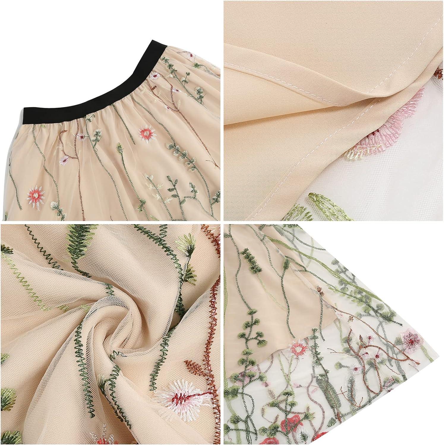 imageIDOPIP Women Floral Embroidered Mesh Skirt Elegant Elastic Waist Tulle Midi Skirt Cocktail Party Layered A Line Skirt DressApricot
