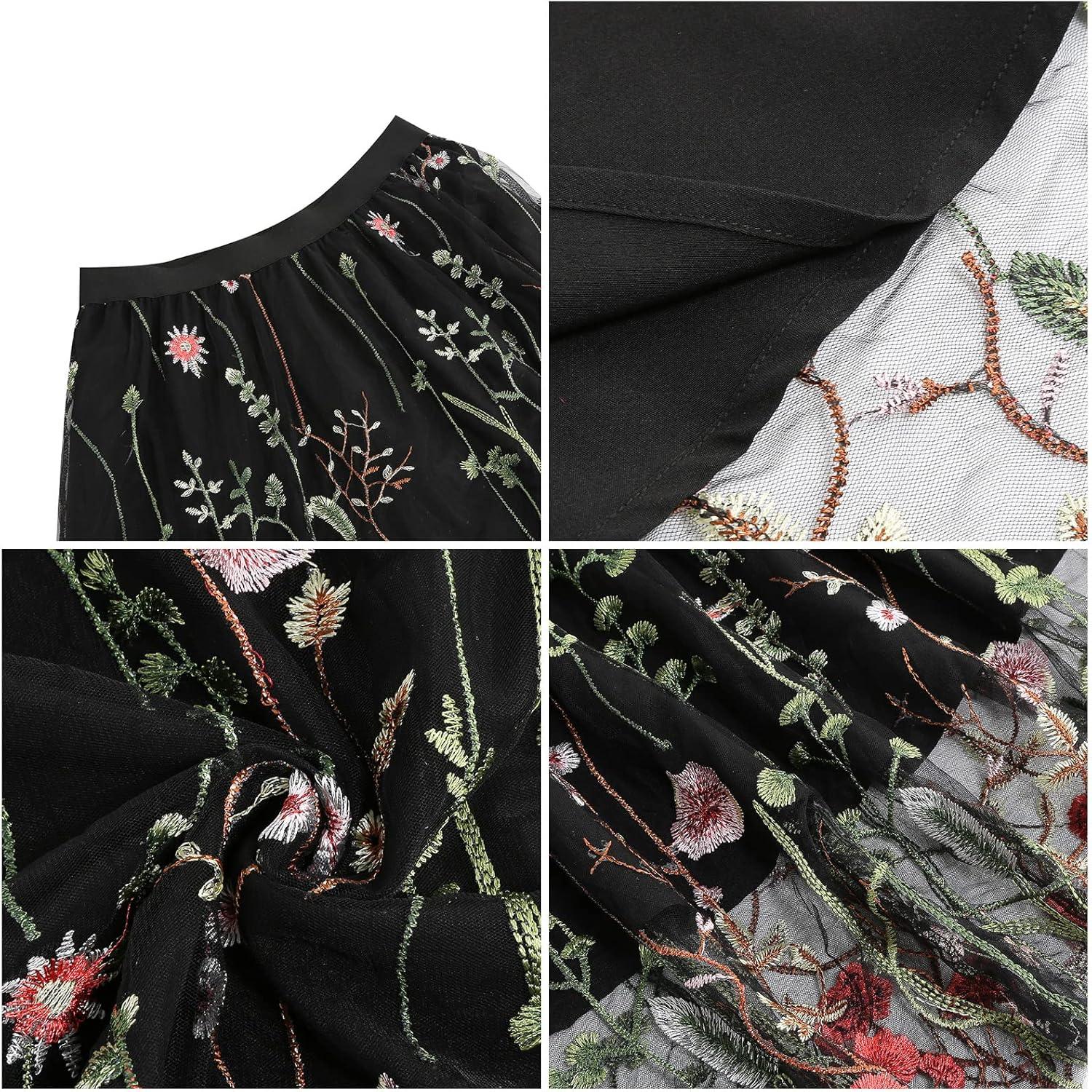 imageIDOPIP Women Floral Embroidered Mesh Skirt Elegant Elastic Waist Tulle Midi Skirt Cocktail Party Layered A Line Skirt DressBlack